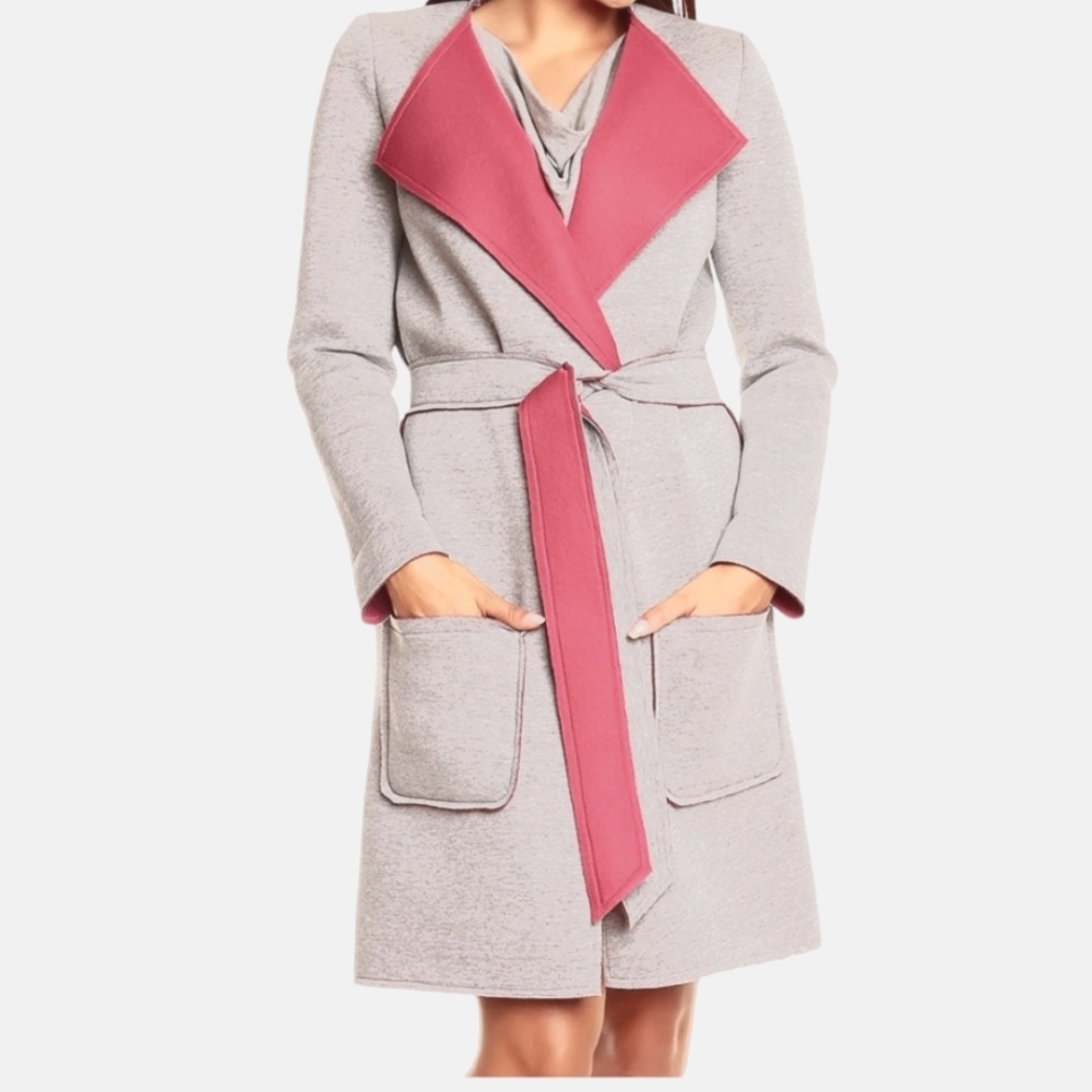 Peperuna Gray & Pink Tie-front coat size M NWT